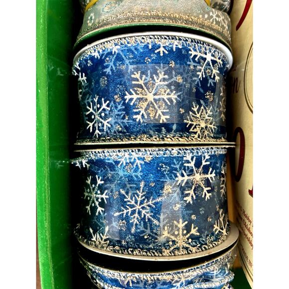 Lot of 8 Blue & Silver Decorative Holiday Ribbons Snowflake Foil Wired New Used - Picture 7 of 14